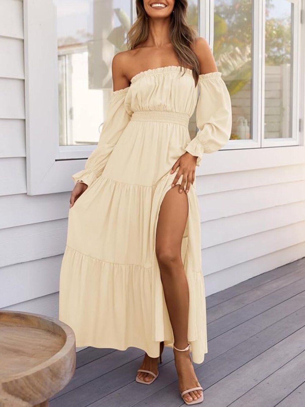 NWT beige/light yellow off the shoulder, slit dress